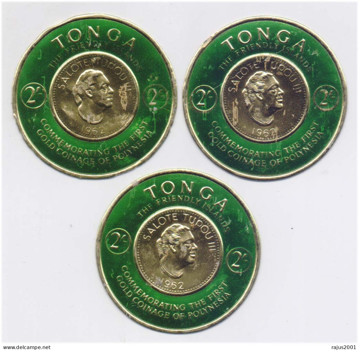 Queen Salote Tupou III Tongan Monarch, First Gold Coinage Of Polynesia Gold Foil Round Unusual Stamp 3x MNH Tonga - Errori Sui Francobolli