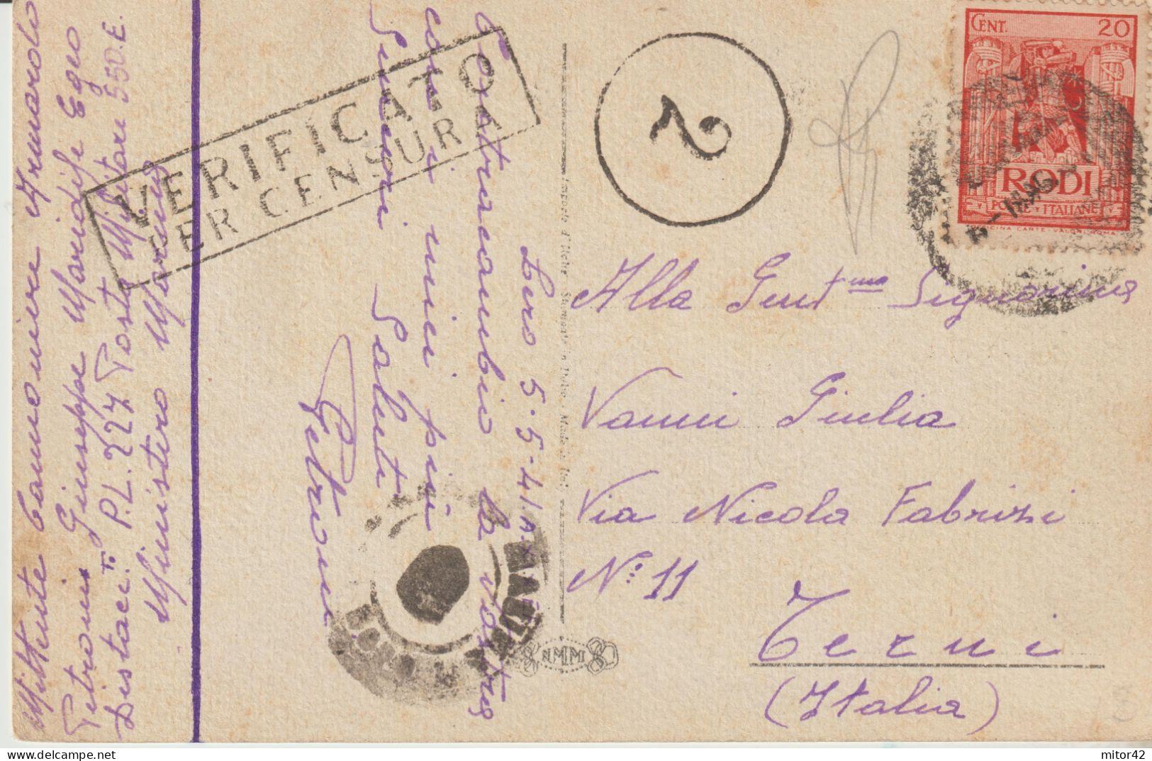 712-Rodi-Egeo-Ex Italia-Posta MilitareN.550-Occupazione Dodecaneso-Storia Postale 20c.pittorica XTerni - Egée (Rodi)