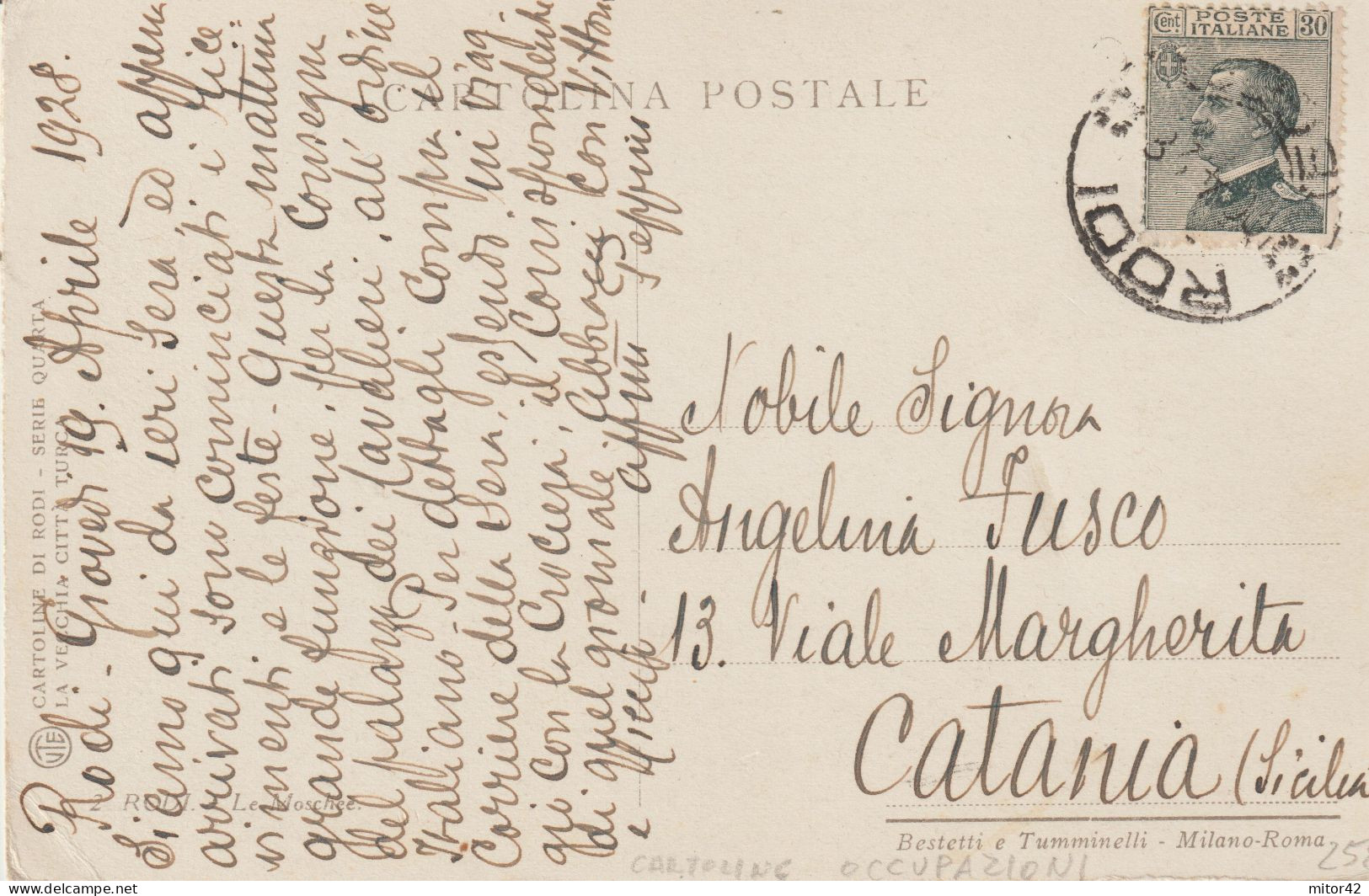 713-Rodi-Egeo-Ex Italia-Occupazione Dodecaneso-Storia Postale 30c.V.E.III-1928 X Catania - Egée (Rodi)