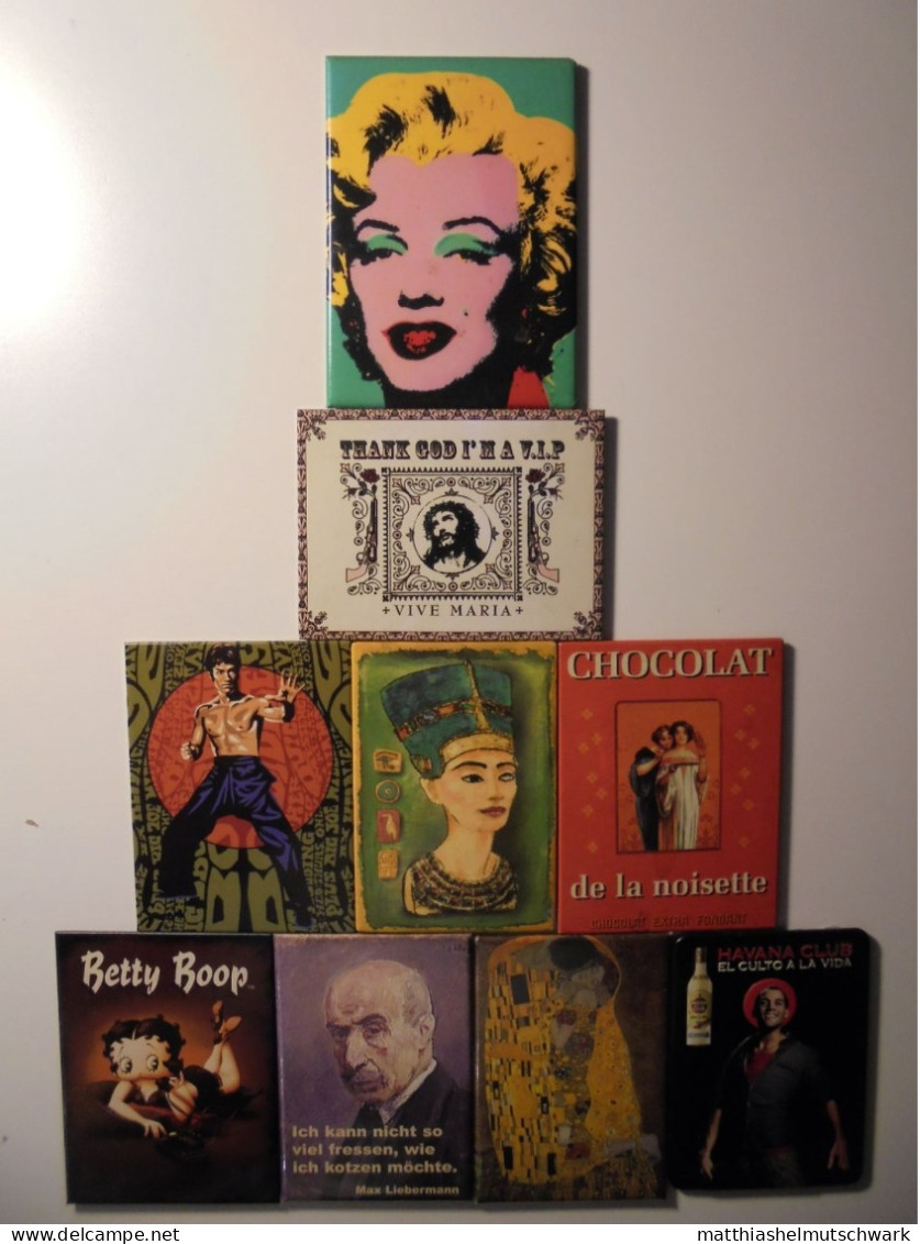 9 Verschiedene Magnete A 50 Cm2: Klimt, Liebermann, Warhol, Boop, Chocolat, Havanna Club, God, Nofretete, Lee. - Humoristiques