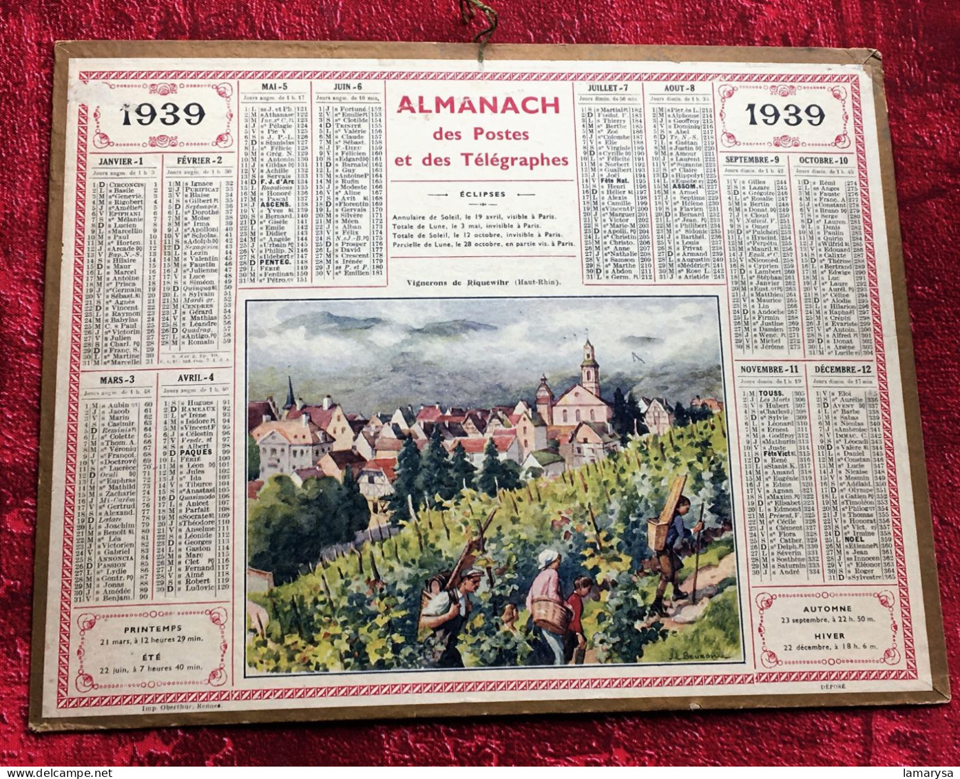 Vignerons A Riquewihr Haut Rhin 1939 Almanach Calendrier Postes & Télégraphes Grand Format--Imprimeur Oberthur-13-BDR - Big : 1921-40