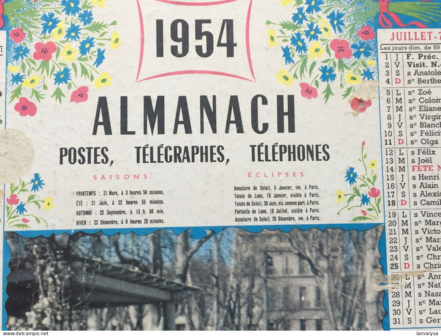Fontaine D'Aix-en-Provence 1954 Almanach Calendrier PTT Postes & Télégraphes Grand Format-Imprimeur Oberthur-13-BDR - Grand Format : 1941-60
