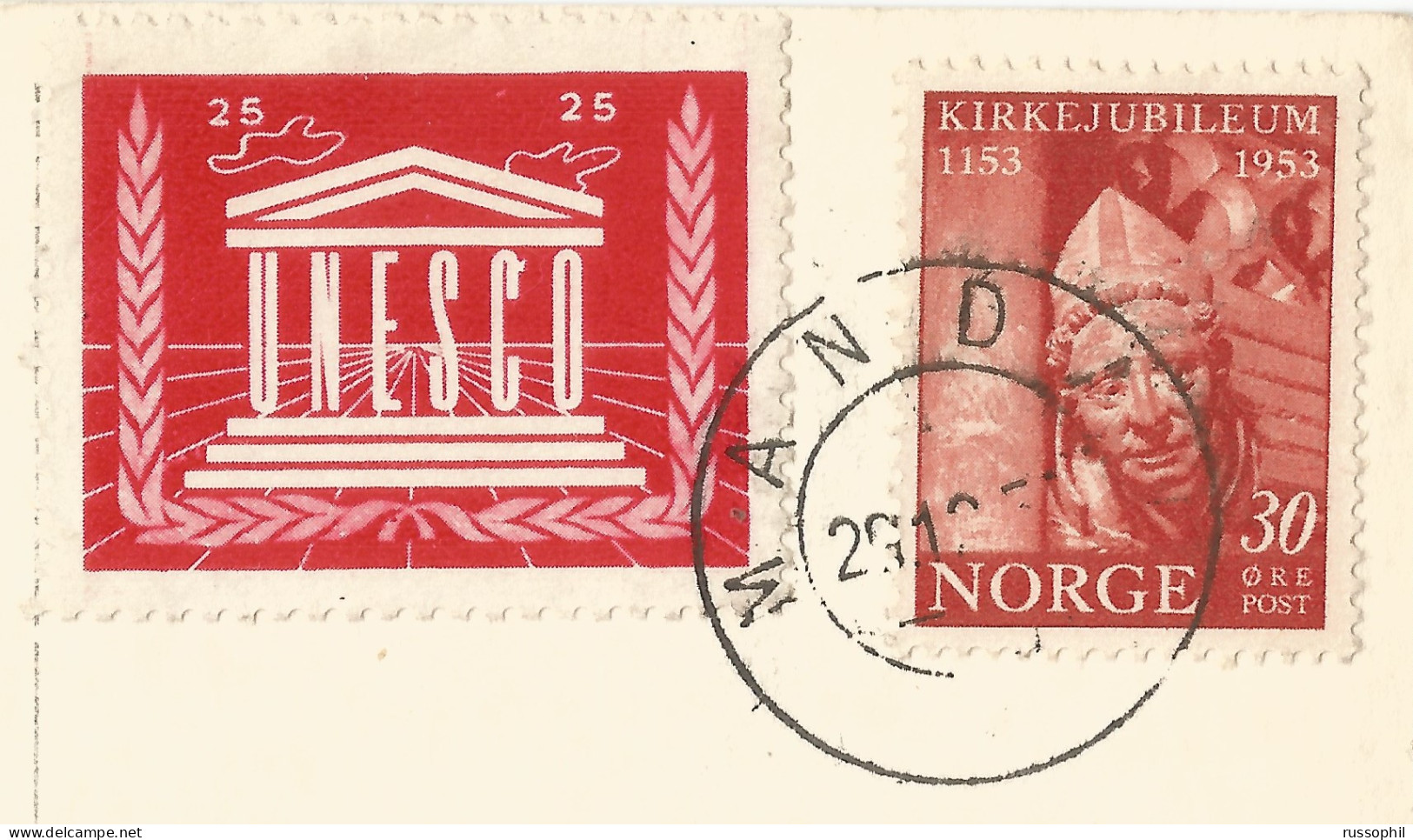 NORWAY - UNESCO 25 ORE CHARITY VIGNETTE ON FRANKED PC (VIEW OF MANDAL) TO BELGIUM - 1953 - Covers & Documents