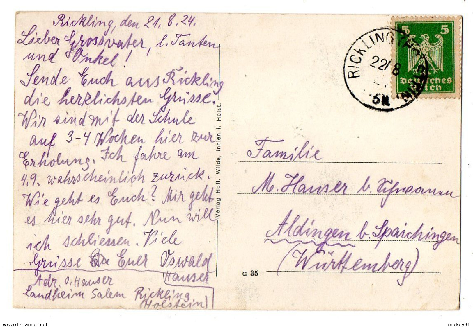 Allemagne--RICKLING -1924-- 2 Vues Dont Animée....pas Très Courante..timbre....cachet - Otros & Sin Clasificación