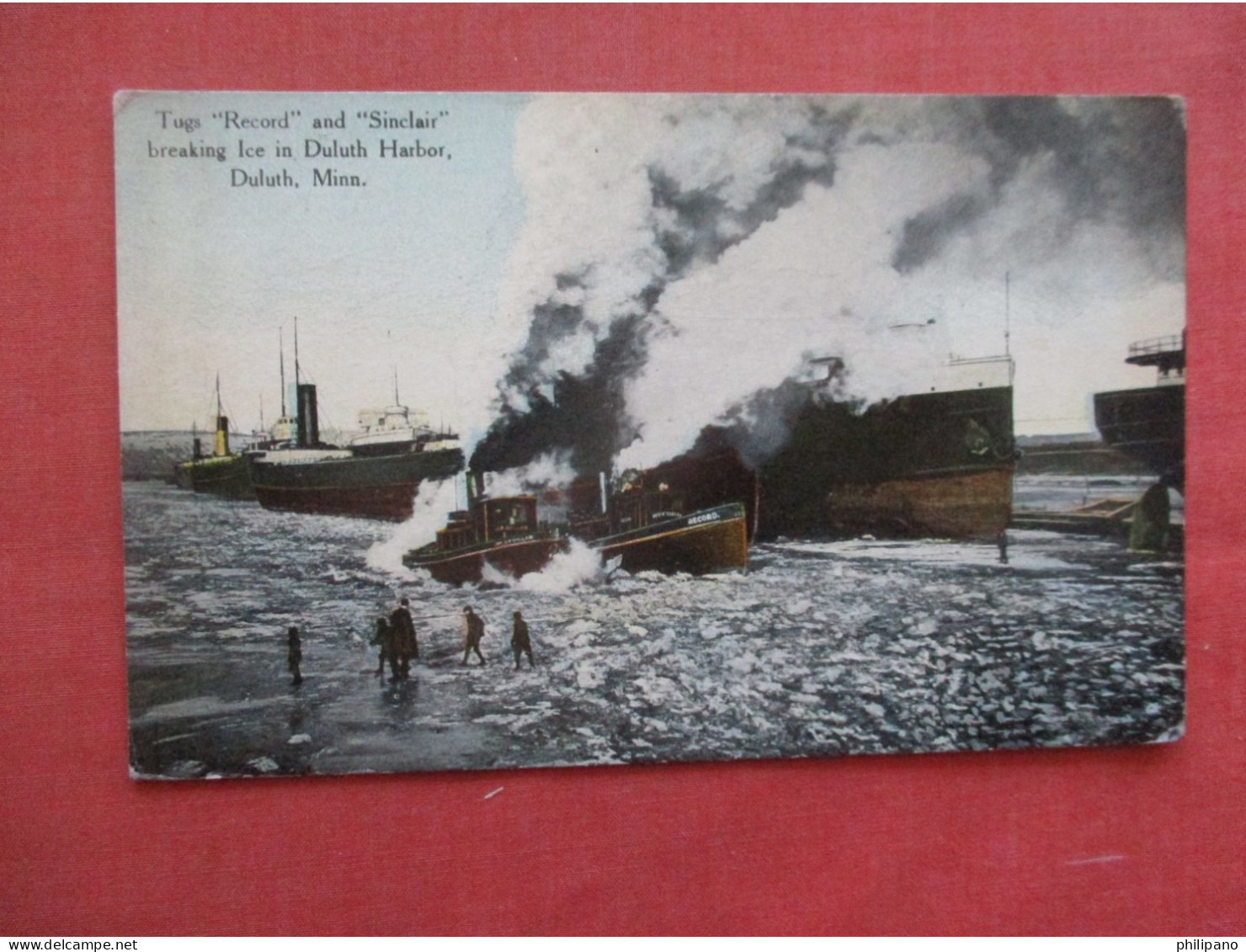 Tug Record & Sinclair Breaking Ice Duluth.  Ref 6038 - Tugboats