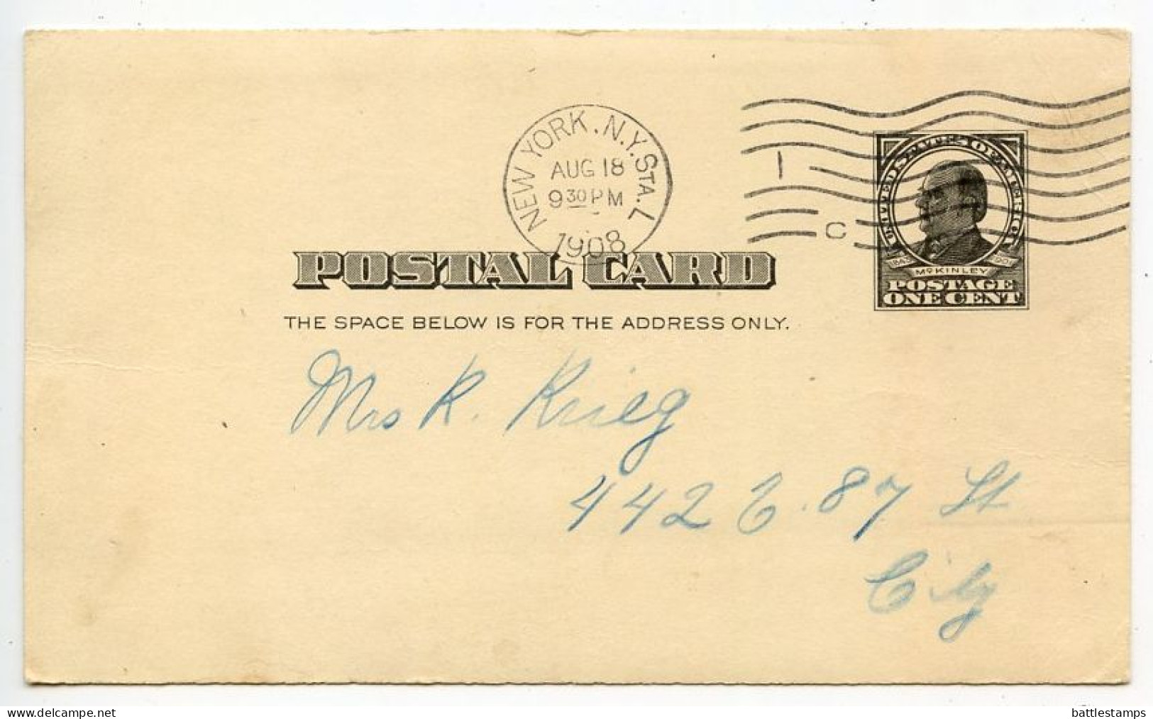 United States 1908 Scott UX19 1c. McKinley Postal Card; New York, NY Machine Cancel - 1901-20