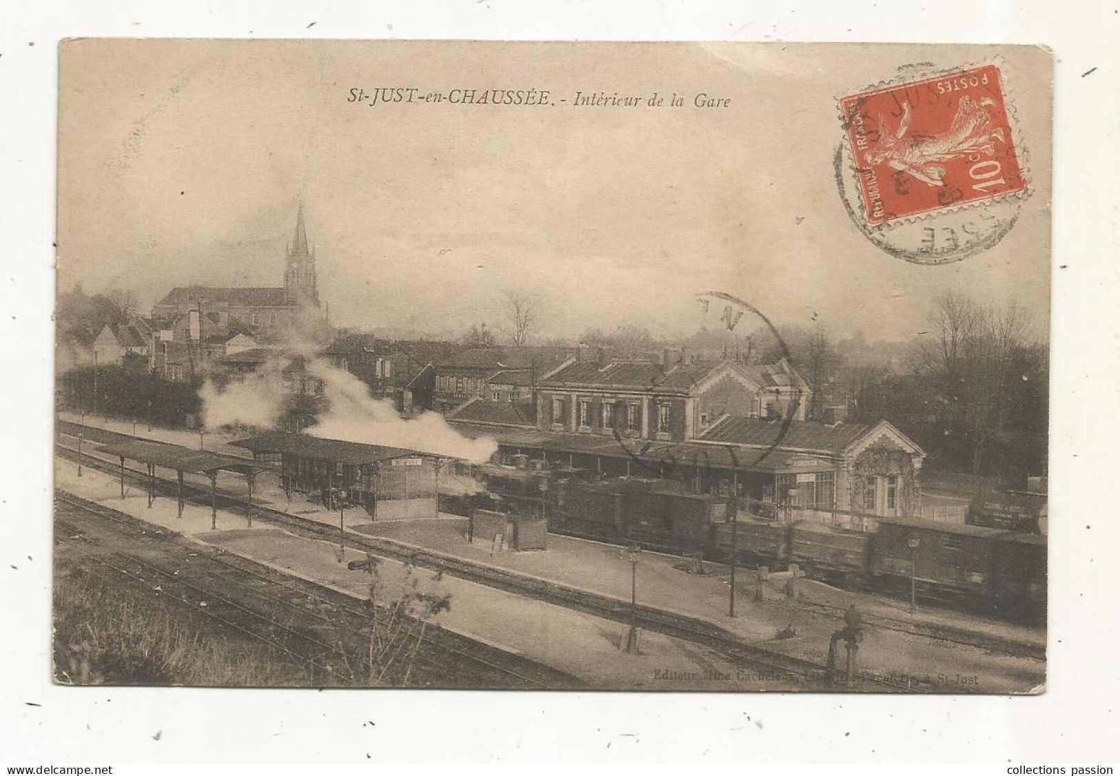 Cp, Chemin De Fer ,  Gare Avec Train , 60 , SAINT JUST EN CHAUSSEE,  Intérieur De La Gare, Voyagée 1915 - Estaciones Con Trenes