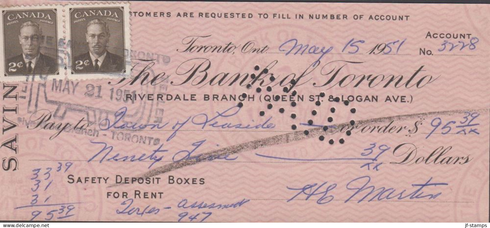 1951. CANADA.  Pair 2 CENTS Georg VI On Check ($ 95.39) From The Bank Of Toronto To Seaside D... (Michel 251) - JF439362 - Briefe U. Dokumente