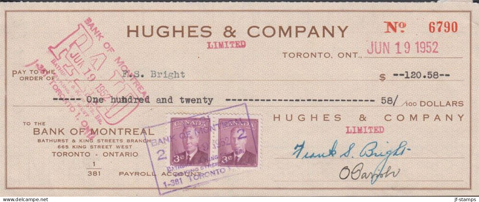 1952. CANADA.  Pair 3 CENTS Georg VI On Check ($ 120.58) From HUGES & COMPANY To BANK OF MONT... (Michel 253) - JF439364 - Lettres & Documents