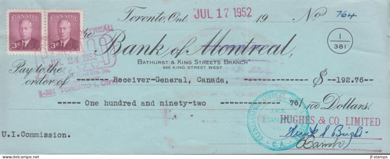 1952. CANADA.  Pair 3 CENTS Georg VI On Check ($ 192.76) From  BANK OF MONTREAL To Receiver-G... (Michel 253) - JF439365 - Cartas & Documentos