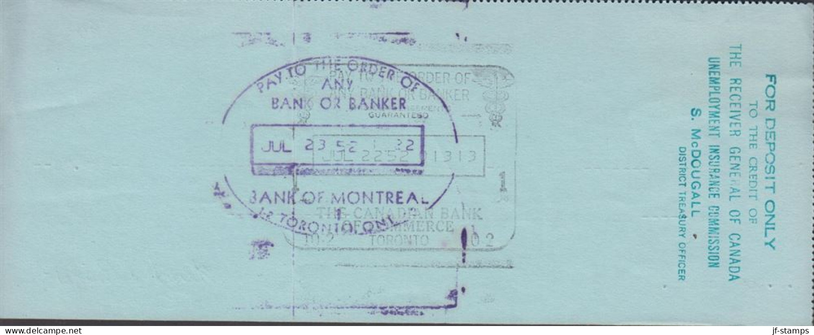 1952. CANADA.  Pair 3 CENTS Georg VI On Check ($ 192.76) From  BANK OF MONTREAL To Receiver-G... (Michel 253) - JF439365 - Lettres & Documents