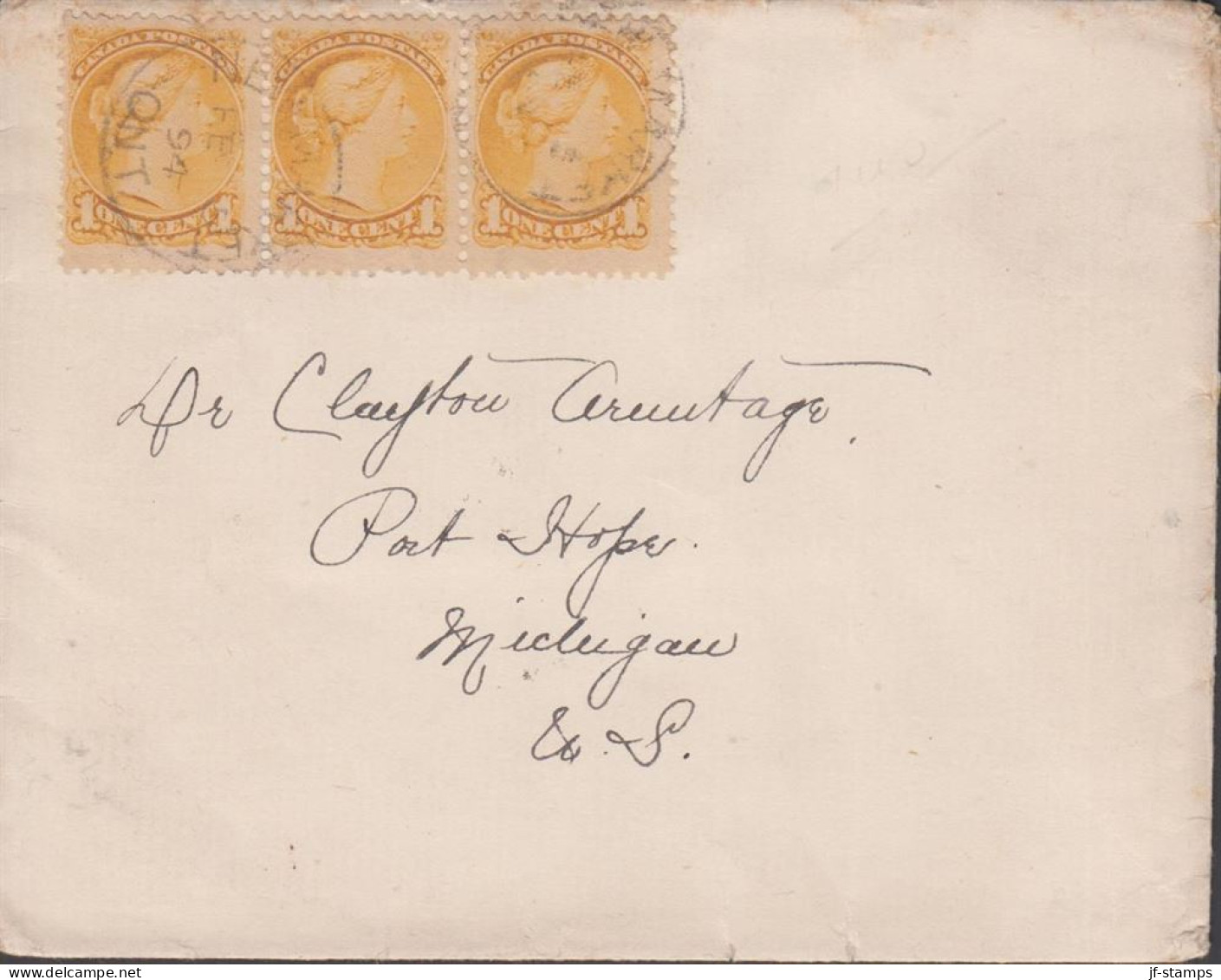 1894. CANADA. Queen Viktoria. 1 ONE CENTS In 3-stripe On Small Cover To Michigan, USA Cancelle... (Michel 26) - JF439367 - Brieven En Documenten