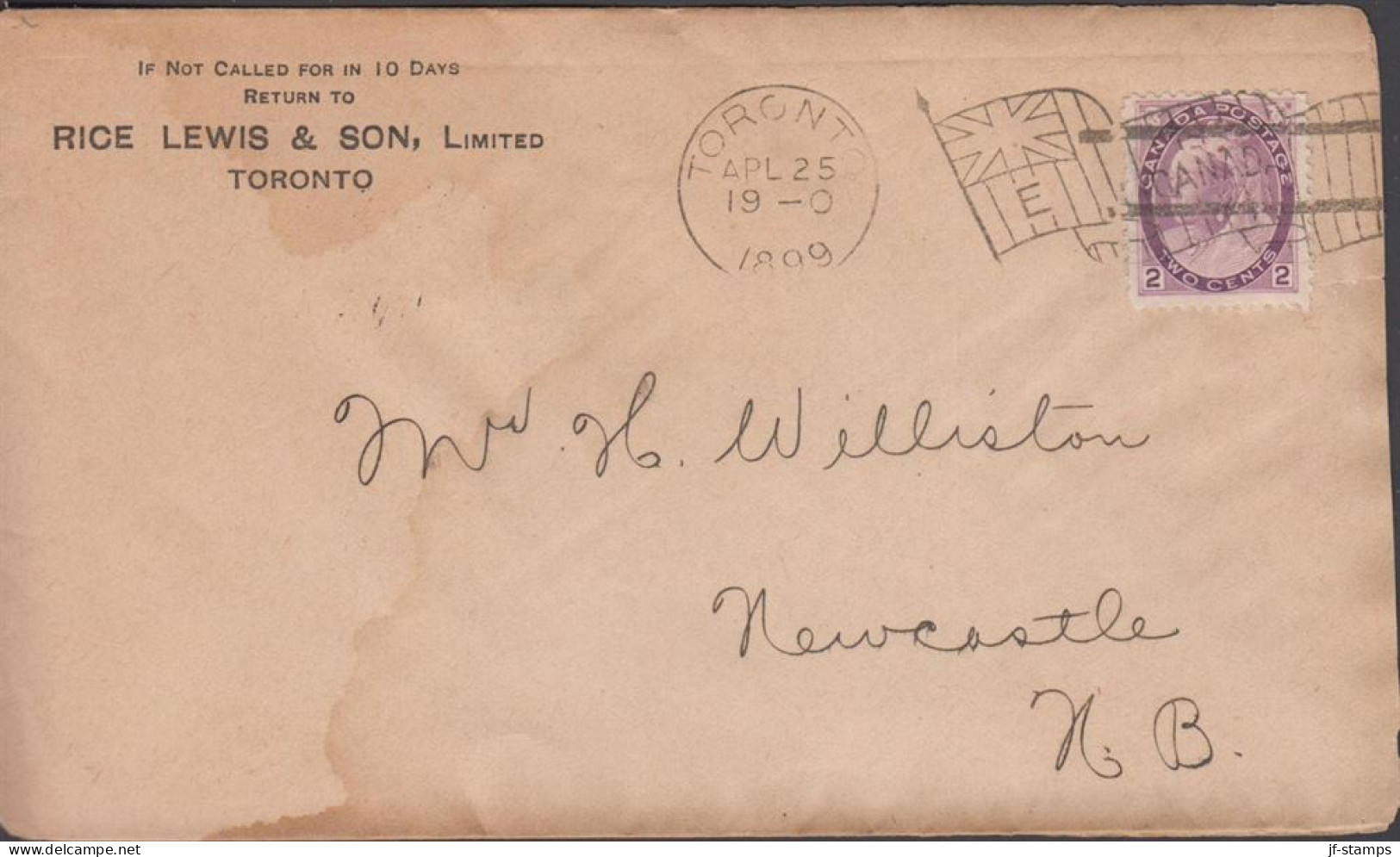 1899. CANADA, Victoria. 2 CENTS On Cover To Newcastle N. B Cancelled With Flag Cancel TORONTO ... (Michel 64) - JF439375 - Storia Postale