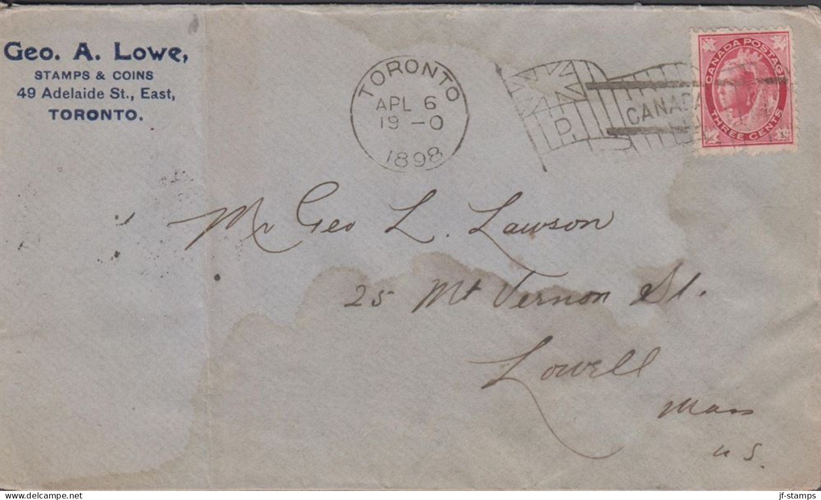 1898. CANADA, Victoria. 2 CENTS (Ahorn Leaves In All Corners)  On Cover To Lowell, Mass, USA C... (Michel 56) - JF439378 - Storia Postale