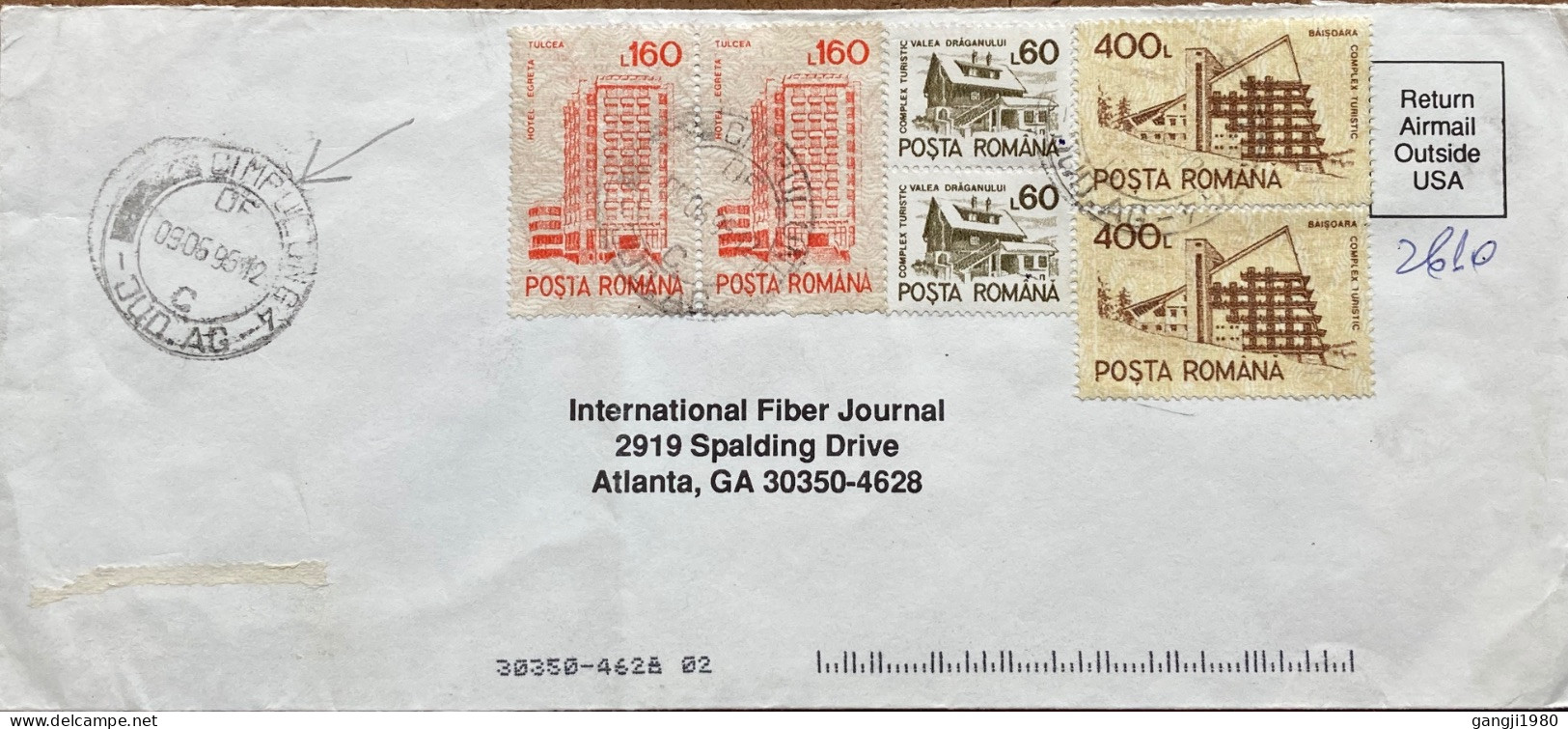 ROMANIA 1996, COVER USED TO INTERNATIONAL FIBER JOURNAL,  MULTI 6 STAMP, DIFFERENT BUILDING VIEW. - Briefe U. Dokumente