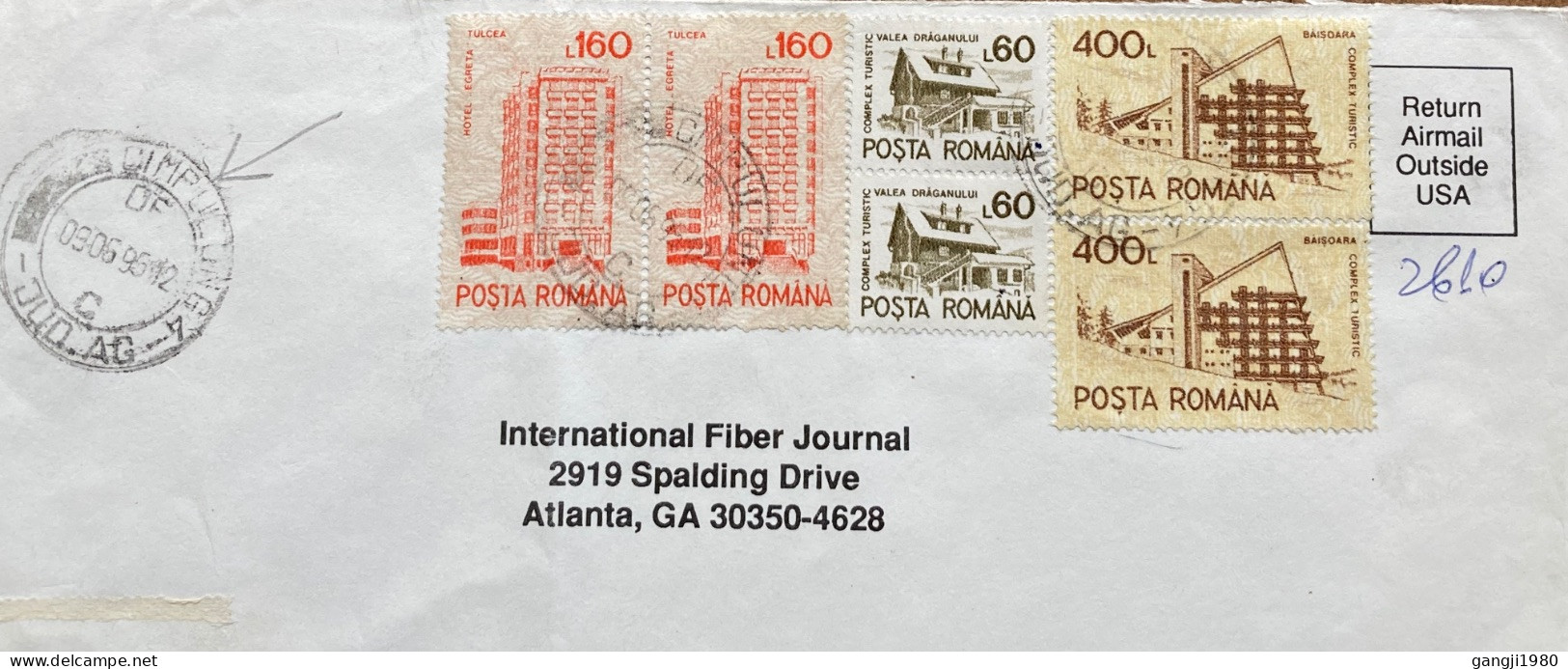 ROMANIA 1996, COVER USED TO INTERNATIONAL FIBER JOURNAL,  MULTI 6 STAMP, DIFFERENT BUILDING VIEW. - Lettres & Documents