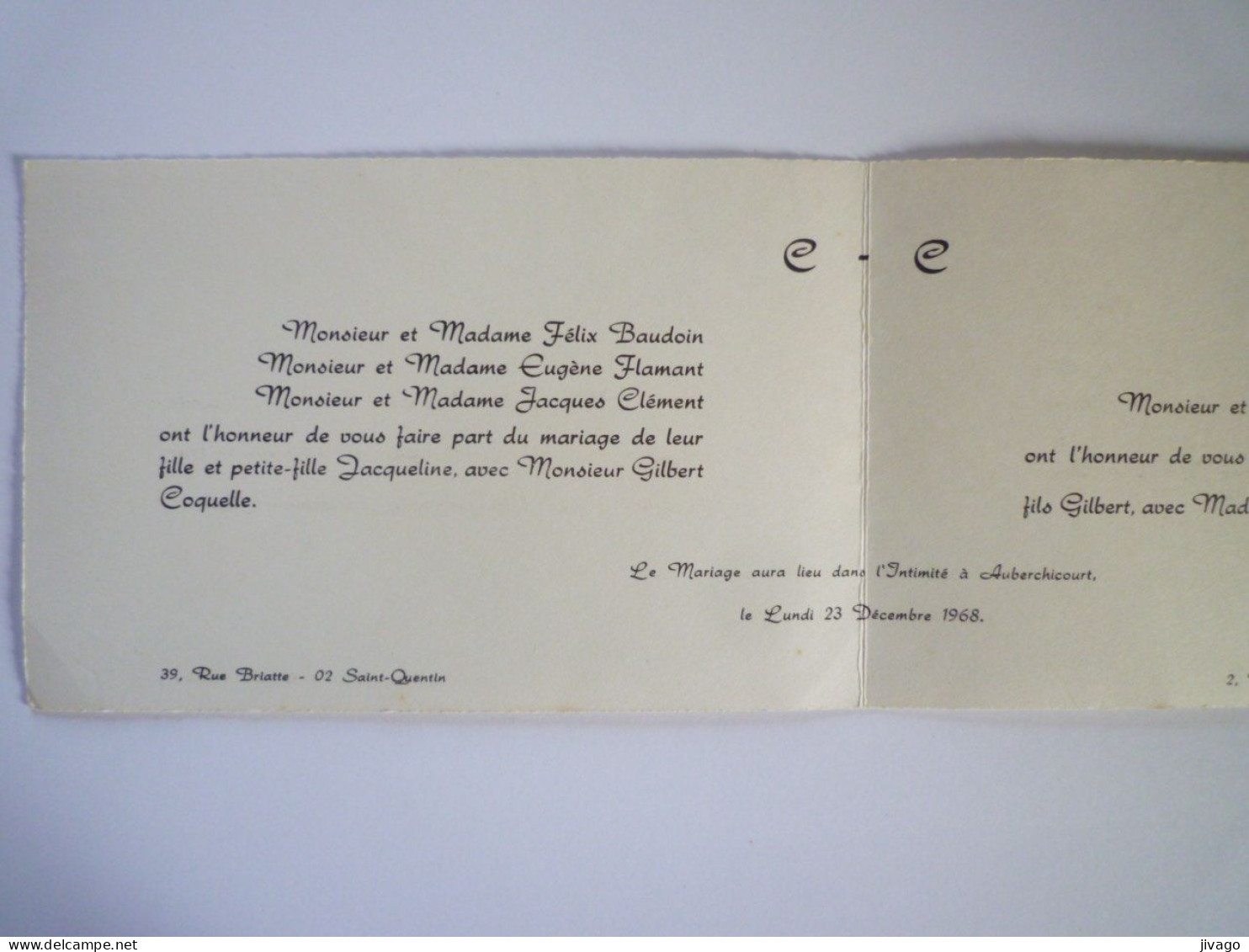2023 - 721  FAIRE-PART De MARIAGE De Jacqueline CLEMENT Et Gilbert COQUELLE  ( AUBERCHICOURT  1968 )   XXX - Hochzeit