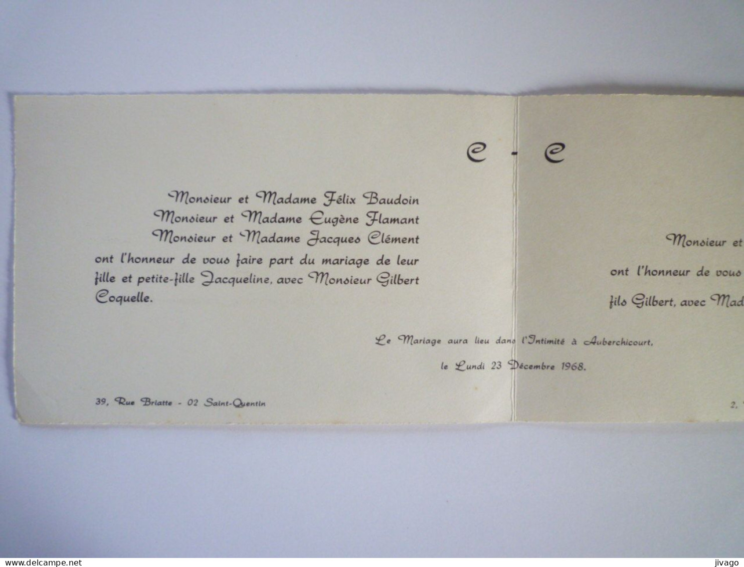 2023 - 721  FAIRE-PART De MARIAGE De Jacqueline CLEMENT Et Gilbert COQUELLE  ( AUBERCHICOURT  1968 )   XXX - Mariage