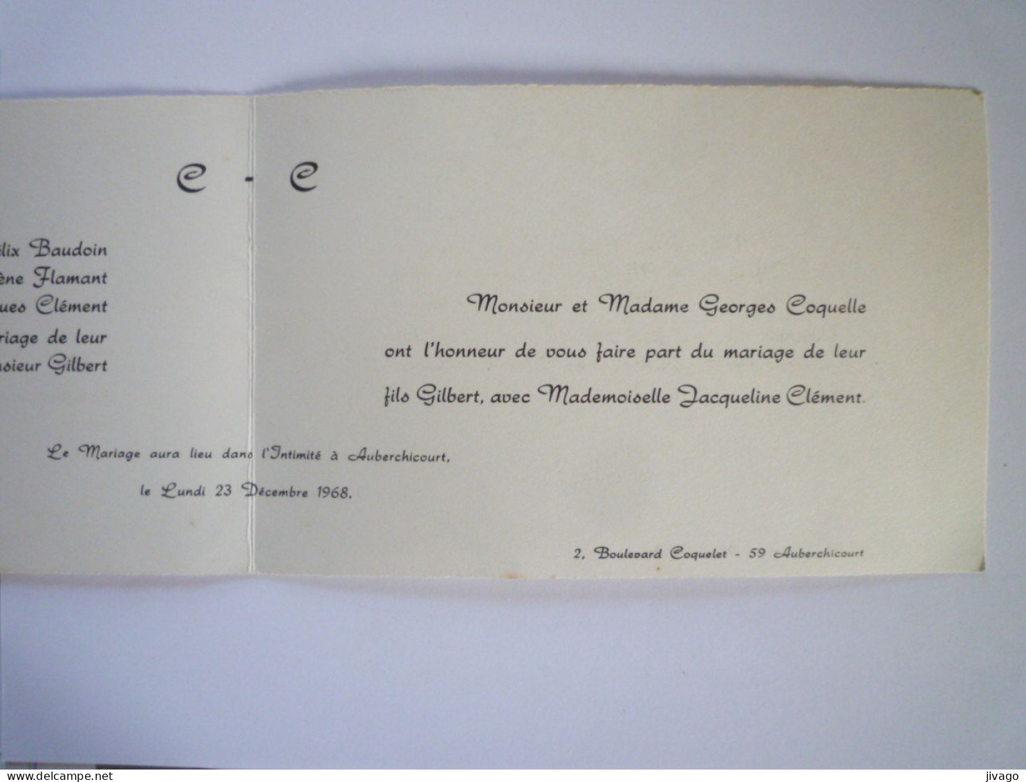 2023 - 721  FAIRE-PART De MARIAGE De Jacqueline CLEMENT Et Gilbert COQUELLE  ( AUBERCHICOURT  1968 )   XXX - Wedding