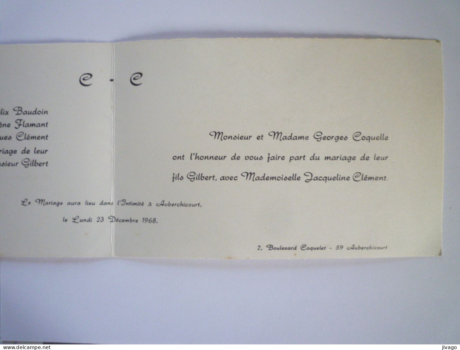 2023 - 721  FAIRE-PART De MARIAGE De Jacqueline CLEMENT Et Gilbert COQUELLE  ( AUBERCHICOURT  1968 )   XXX - Mariage