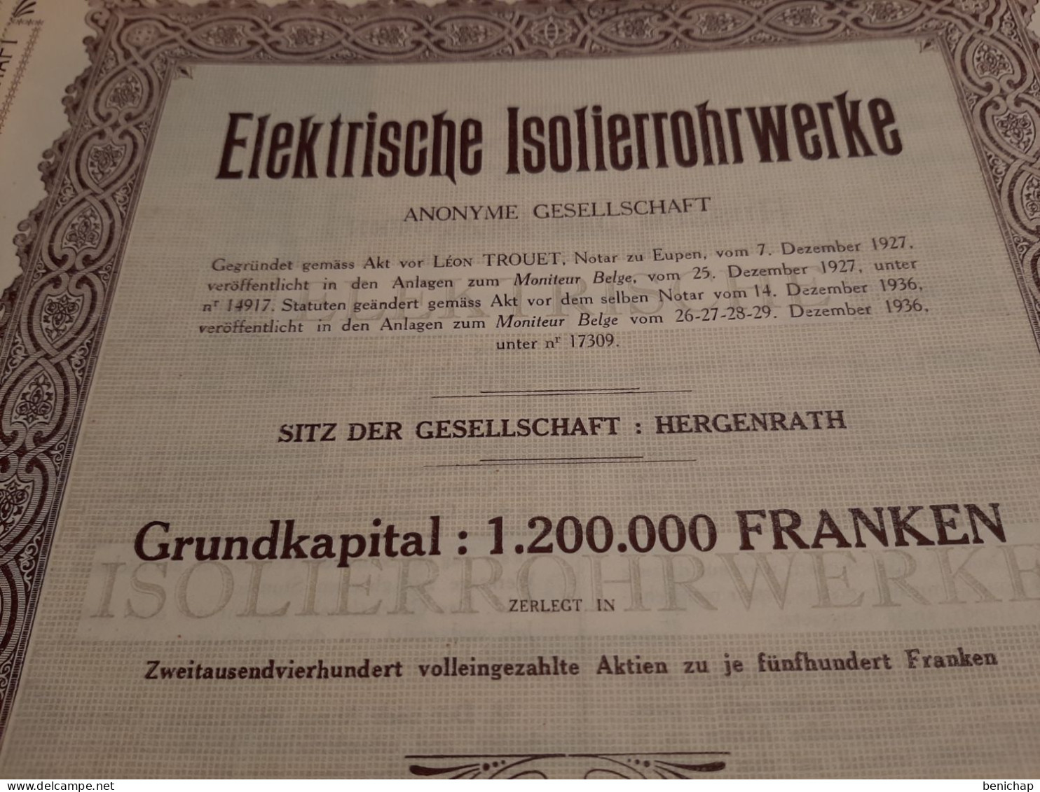 Elektrische Isolierrohrwerke A.G. - Aktie Von 500 Franken Lautend Auf Den Inhaber - Hergenrath Dezember 1936. - Elettricità & Gas