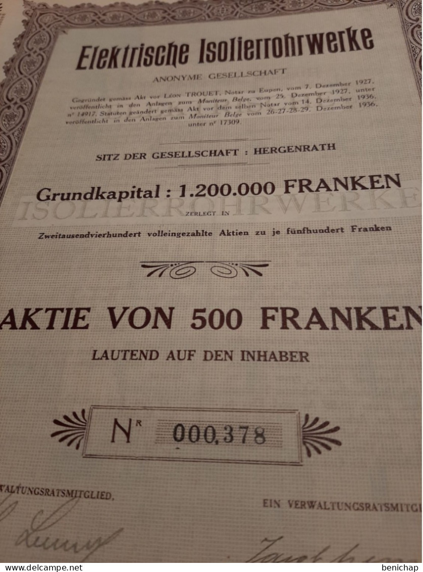 Elektrische Isolierrohrwerke A.G. - Aktie Von 500 Franken Lautend Auf Den Inhaber - Hergenrath Dezember 1936. - Elettricità & Gas