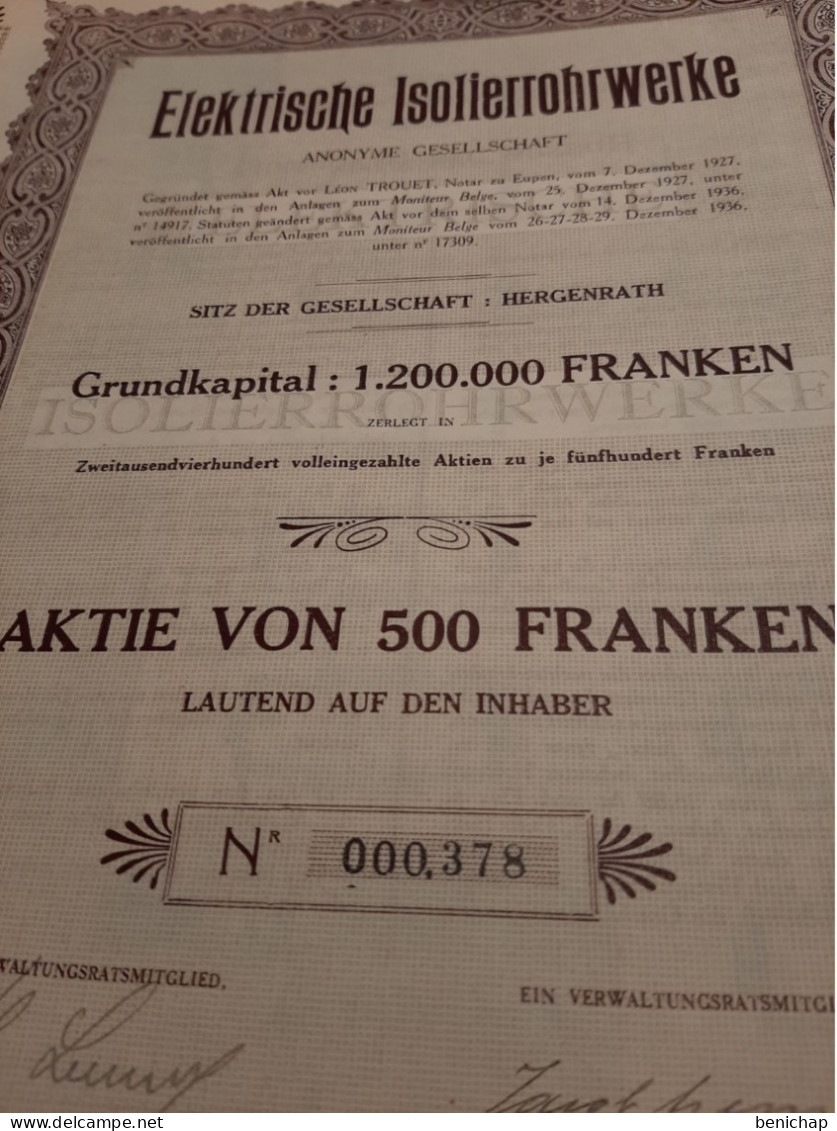 Elektrische Isolierrohrwerke A.G. - Aktie Von 500 Franken Lautend Auf Den Inhaber - Hergenrath Dezember 1936. - Elektrizität & Gas