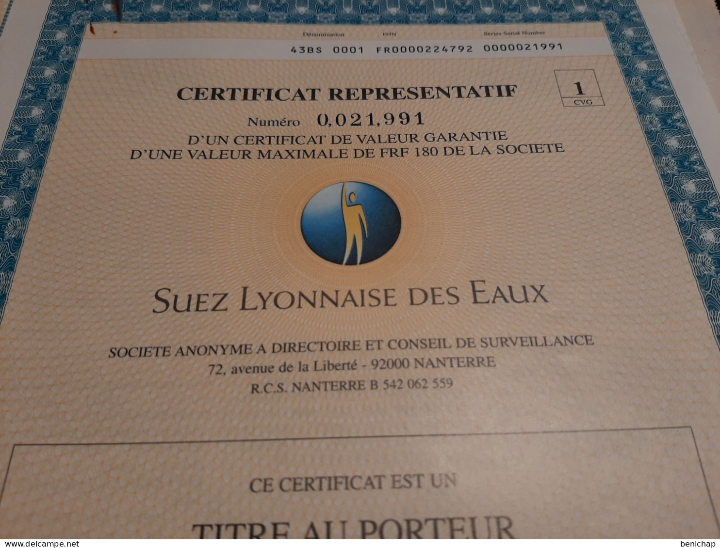 Certificat Représentatif Suez Lyonnaise Des Eaux - 1 Titre Au Porteur  - SICOVAM S.A. - Nanterre 2 Mai 1983. - Agua