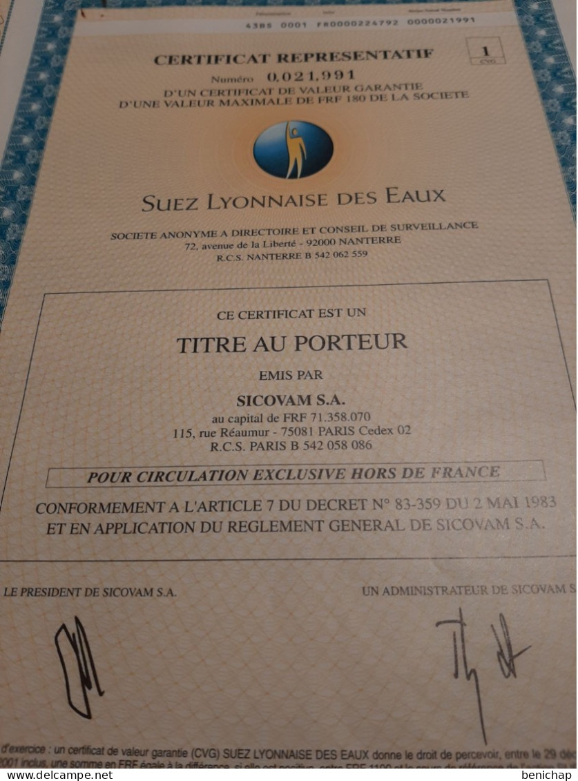 Certificat Représentatif Suez Lyonnaise Des Eaux - 1 Titre Au Porteur  - SICOVAM S.A. - Nanterre 2 Mai 1983. - Acqua
