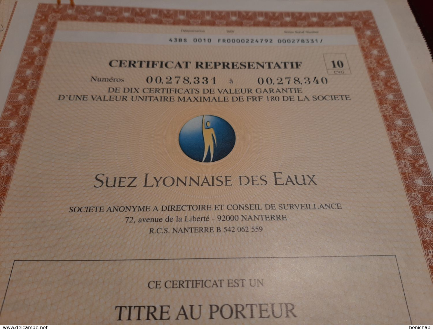 Certificat Représentatif Suez Lyonnaise Des Eaux - 10 Titres Au Porteur  - SICOVAM S.A. - Nanterre 2 Mai 1983. - Acqua