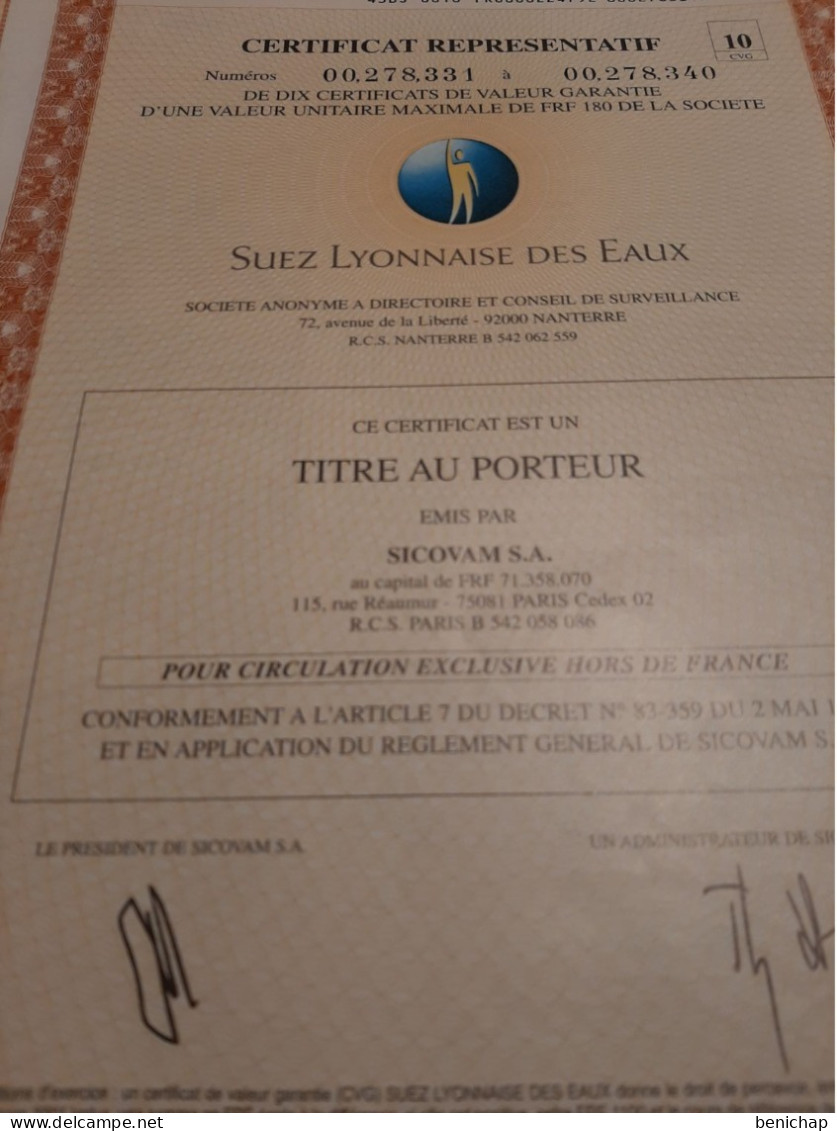 Certificat Représentatif Suez Lyonnaise Des Eaux - 10 Titres Au Porteur  - SICOVAM S.A. - Nanterre 2 Mai 1983. - Agua