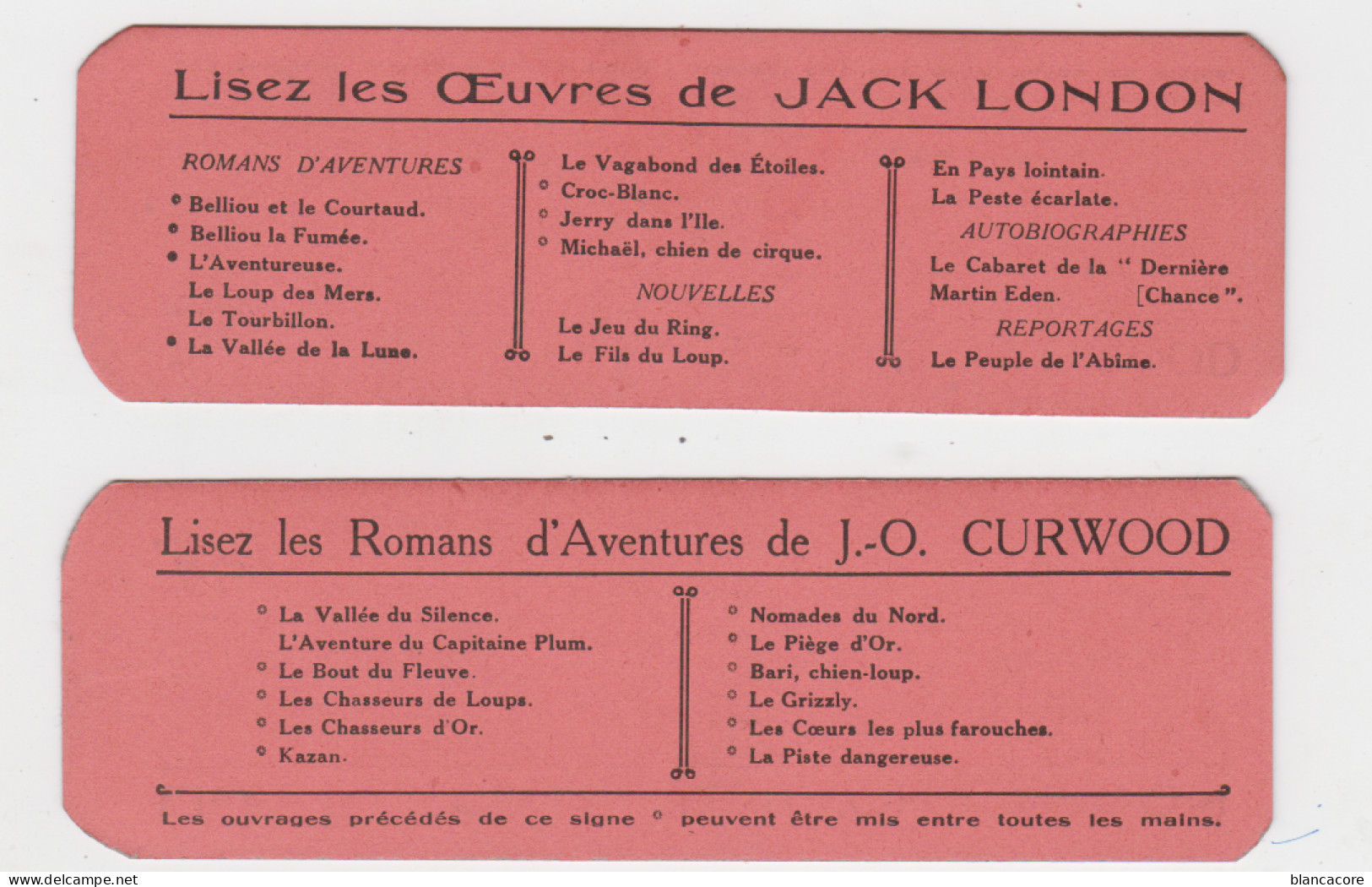 Marque Page Signet Oeuvres De Jack LONDON & De J-O CURWOOD - Marque-Pages