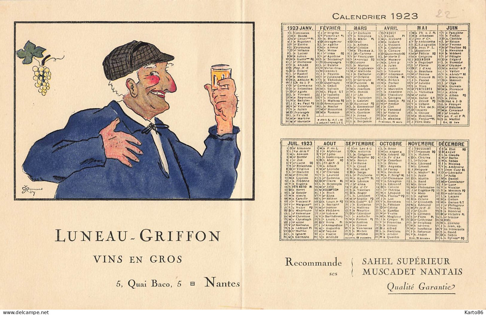 RARE Petit Calendrier Publicitaire 1923 * Vins En Gros LUNEAU GRISSON 5 Quai Baco Nantes * Illustrateur Raymond ROY - Small : 1921-40