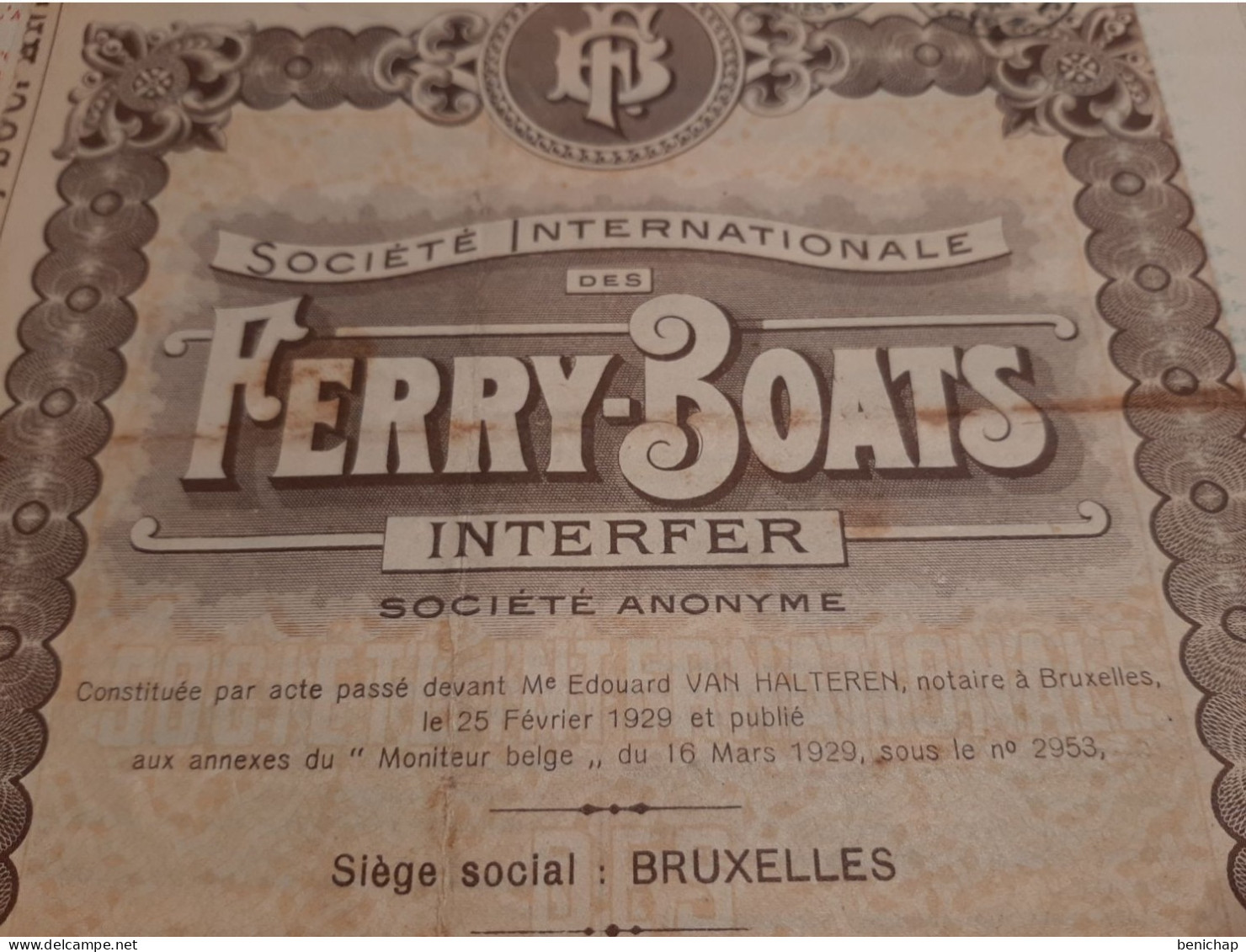 Société Internationale Des Ferry-Boats "Interfer" S.A. - Action De Dividende Au Porteur - Bruxelles 16 Mars 1929. - Navegación