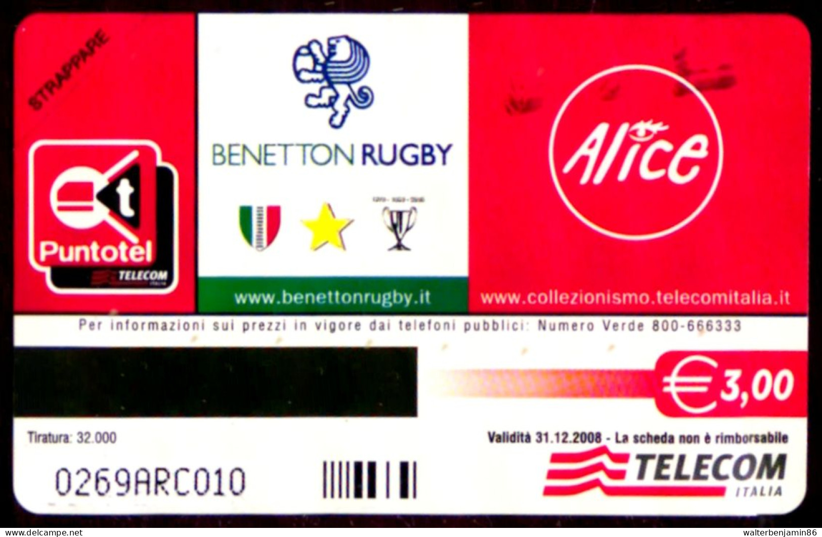 G 2319 821 C&C 4442 SCHEDA TELEFONICA NUOVA BENETTON RUGBY - PROVA ARC - Errori & Varietà