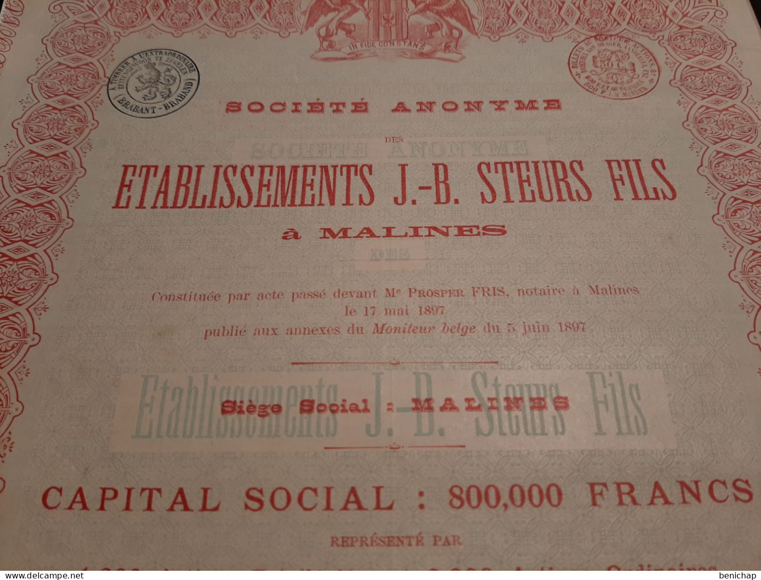 S.A.  Des Etablissements J.-B. Steurs Fils à Malines - Action Ordinaire De 250 Frs. Au Porteur - Malines Le 5 Juin 1897. - Navigazione