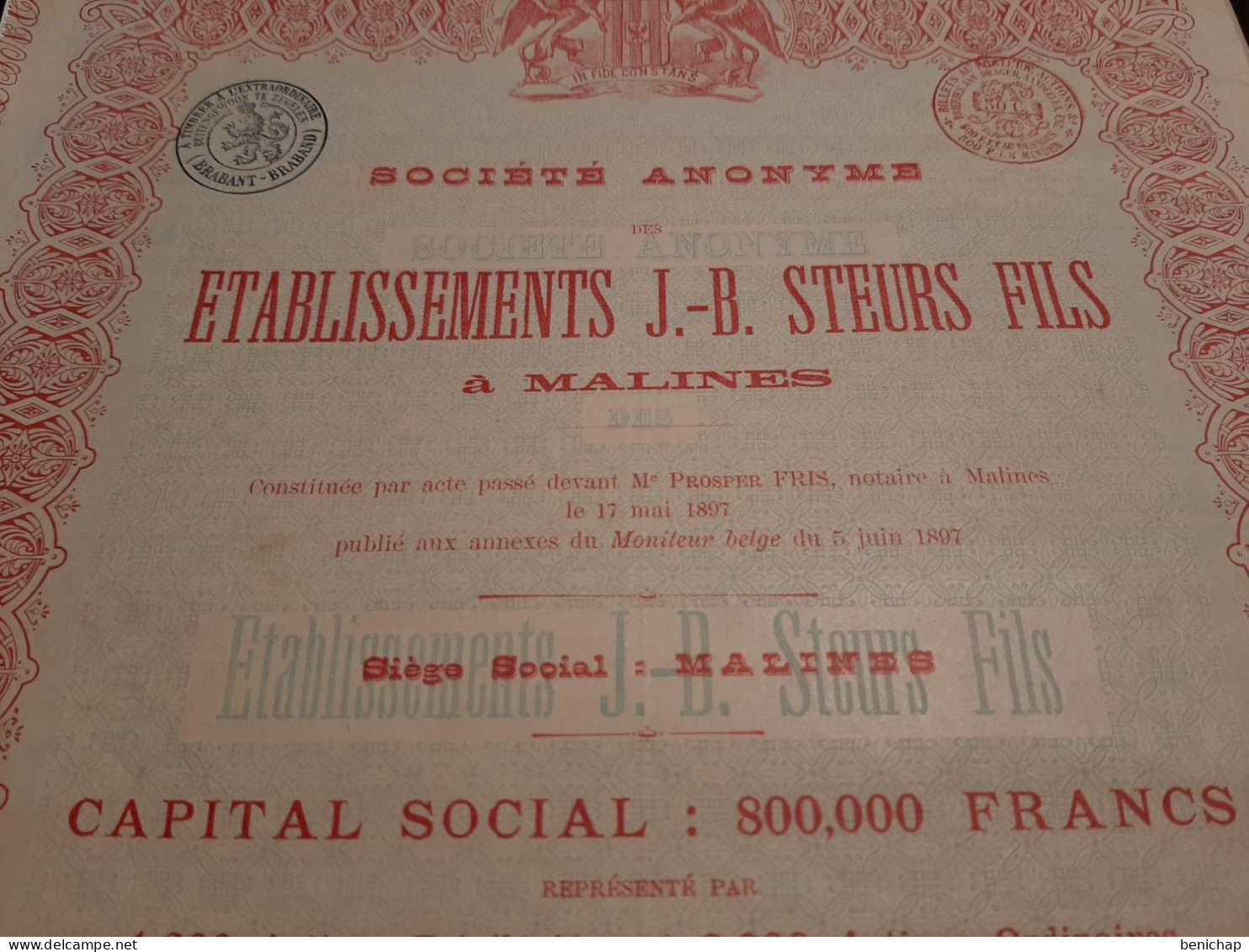 S.A.  Des Etablissements J.-B. Steurs Fils à Malines - Action Ordinaire De 250 Frs. Au Porteur - Malines Le 5 Juin 1897. - Navigation