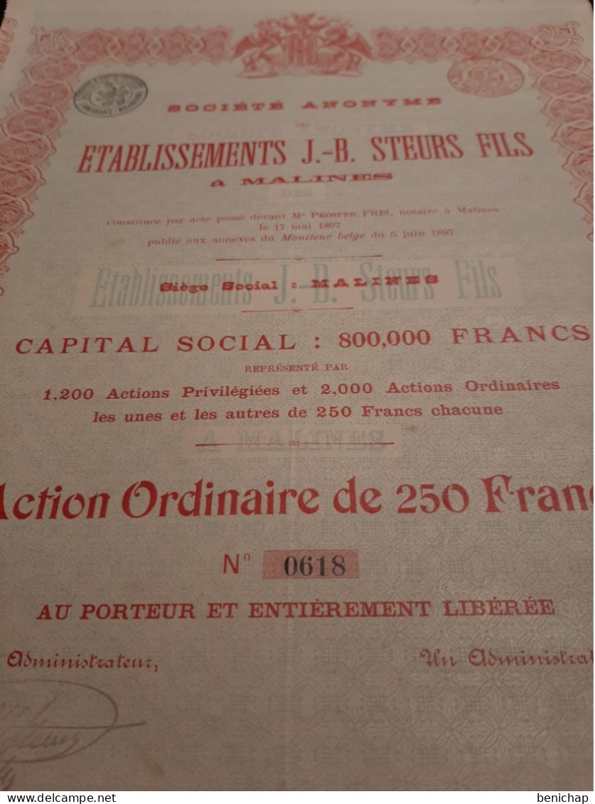 S.A.  Des Etablissements J.-B. Steurs Fils à Malines - Action Ordinaire De 250 Frs. Au Porteur - Malines Le 5 Juin 1897. - Navigazione