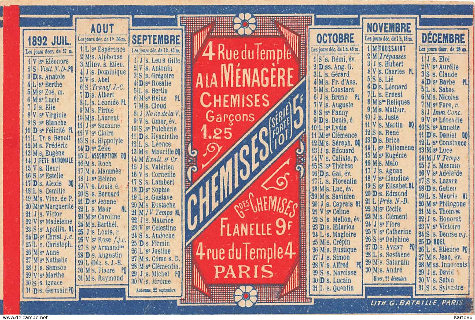 Petit Calendrier Ancien Publicitaire Illustré 1892 * Chemises A LA MENAGERE 4 Rue Du Temple Paris * Calendar Almanach - Small : ...-1900