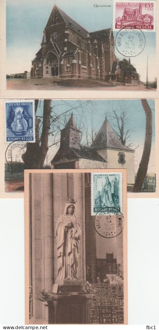 Carte Maximum - Belgique - 1949 - 3 Cartes Sur Chevremont - Chapelle - Eglise - Statue De Sainte Begge - 1934-1951