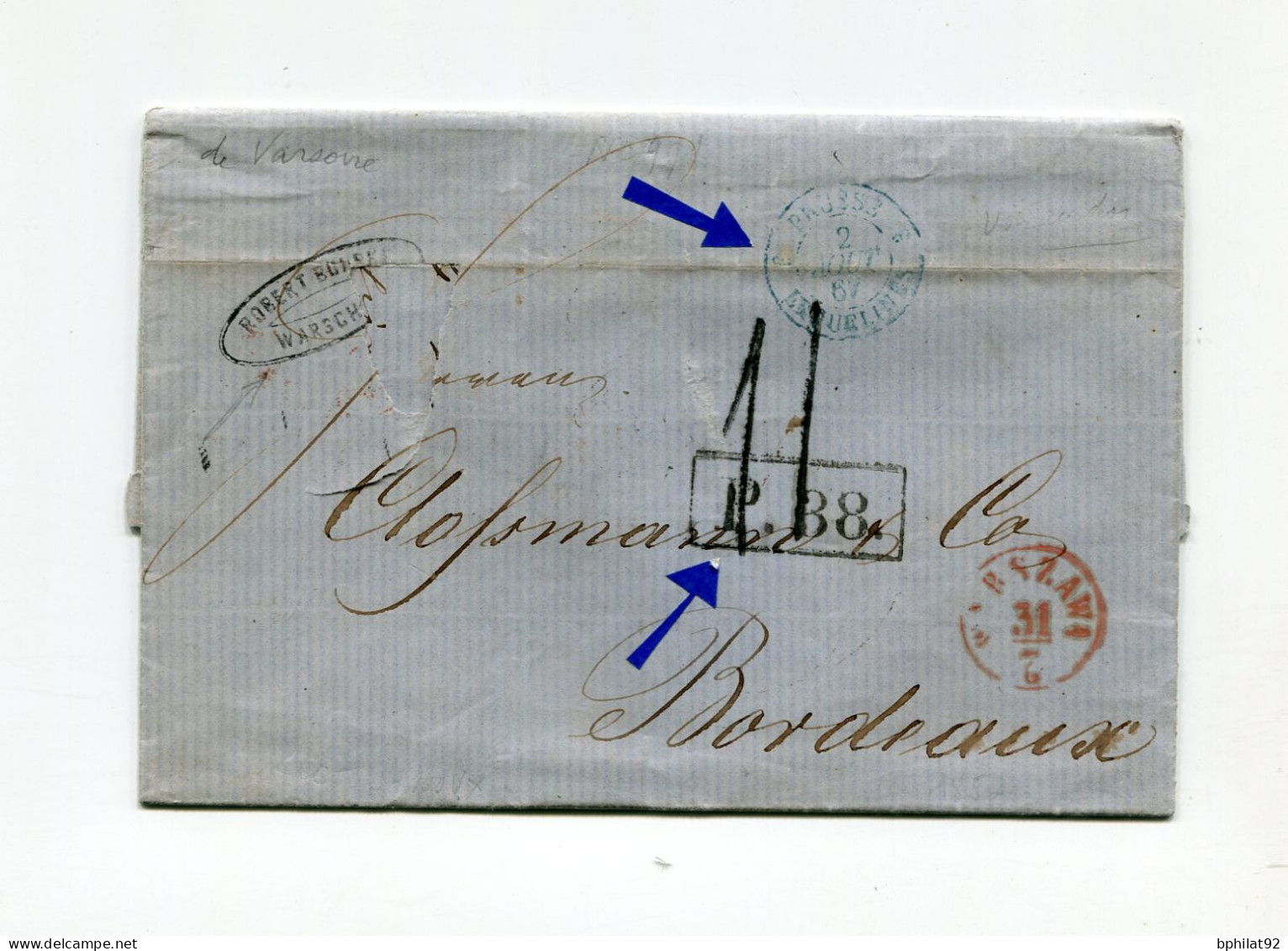 !!! LETTRE DE VARSOVIE POUR BORDEAUX DE 1867, AVEC MARQUE DE PROVENANCE "AUS RUSSLAND" AU DOS - ...-1860 Vorphilatelie