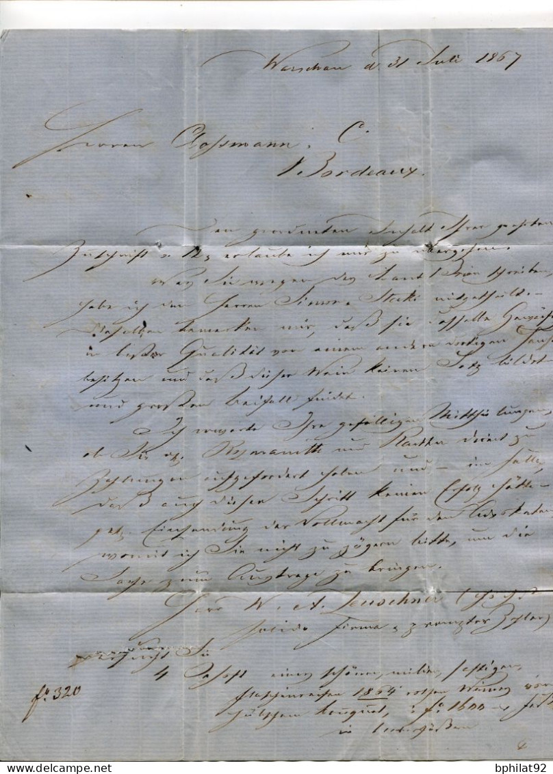 !!! LETTRE DE VARSOVIE POUR BORDEAUX DE 1867, AVEC MARQUE DE PROVENANCE "AUS RUSSLAND" AU DOS - ...-1860 Prefilatelia