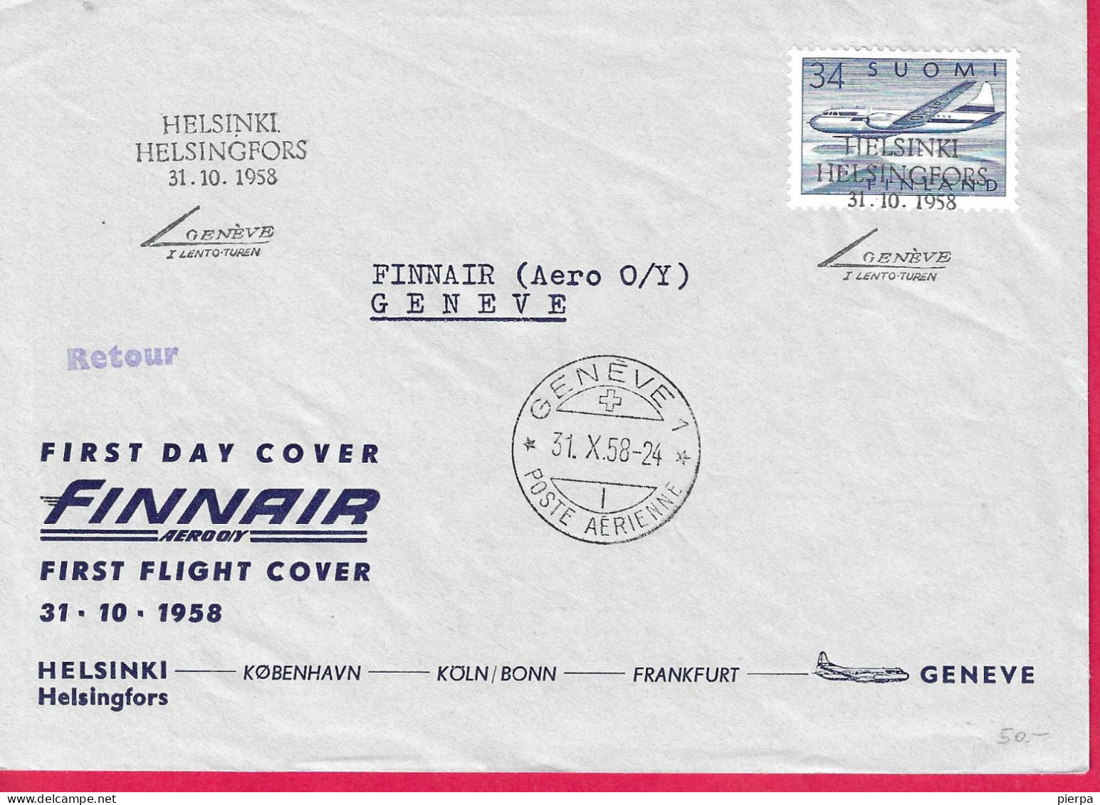 FINLAND- FIRST FLIGHT FINNAIR FROM HELSINKI TO GENEVE*31.10.58* ON OFFICIALE COVER - Covers & Documents