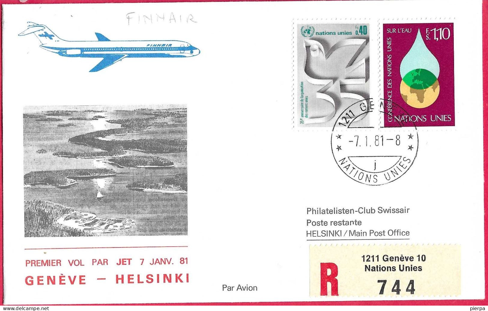 O.N.U. - PREMIER VOL JET FINNAIR - GENEVE/ HELSINKI *7.1.81* ON REGISTERED COVER - Aéreo