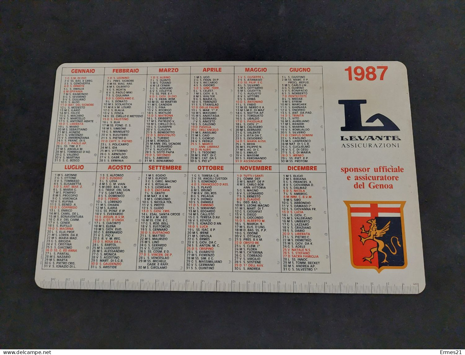 Calendarietto 1987 Levante Assicurazioni. Sponsor Genoa Calcio. Plastificato. Condizioni Eccellenti. 25×16 Cm. - Grand Format : 1981-90