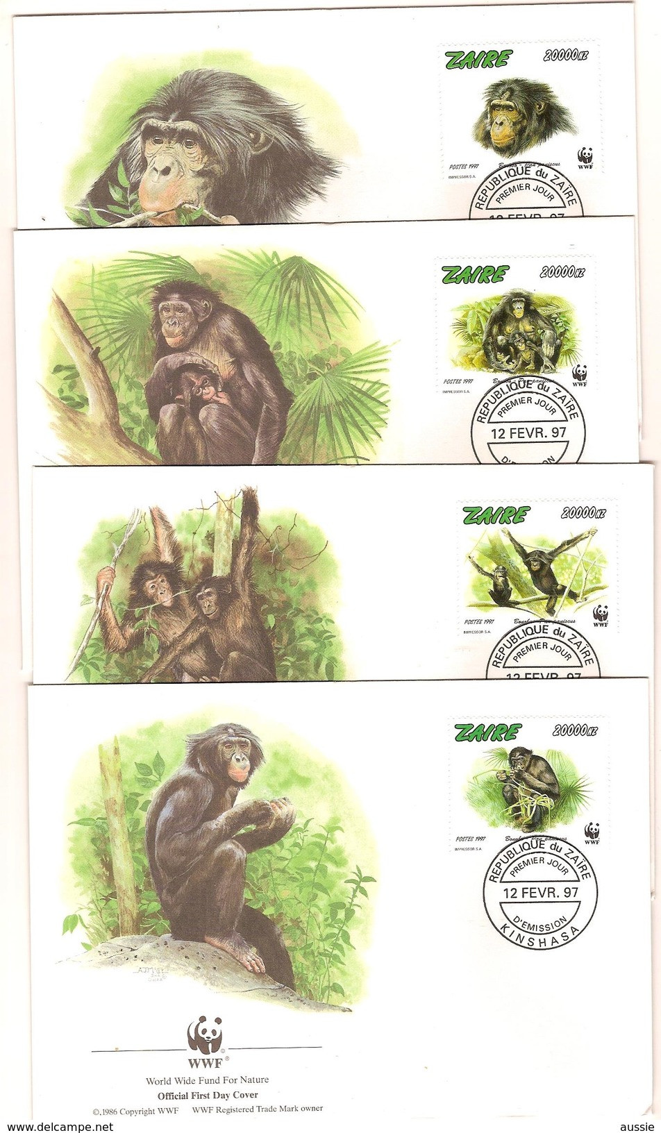 Zaire 1997  Yvertn° 1694-1697 FDC (°) Oblitéré Cote Des Timbres 20,00 Euro Faune WWF Apen Singes - 1990-1996