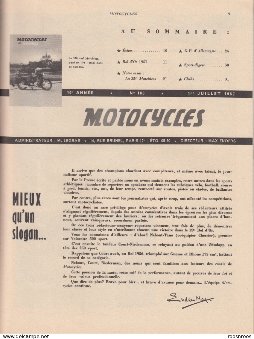 REVUE MOTOCYCLES ET SCOOTERS N°186  - 1957 - BOL D' OR - MOTO 350 MATCHLESS - Motorfietsen