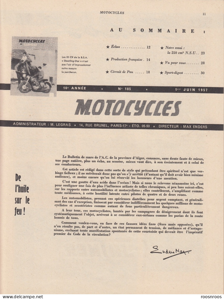 REVUE MOTOCYCLES ET SCOOTERS N°185 - 1957 -  MOTO 250 NSU - Moto