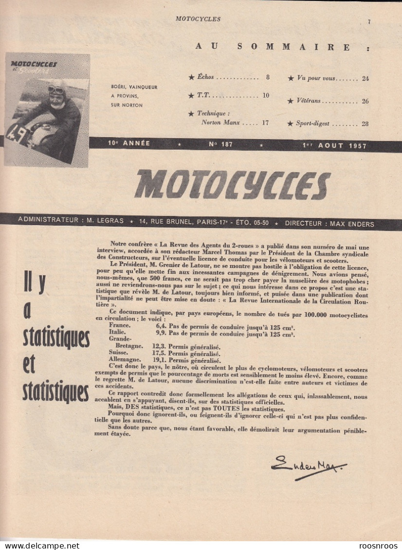 REVUE MOTOCYCLES ET SCOOTERS N°187 - 1957 -  BOERI - NORTON - Motorrad
