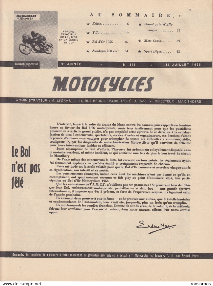 REVUE MOTOCYCLES ET SCOOTERS N°151 - 1955 -  27EME BOL D' OR - Motorfietsen